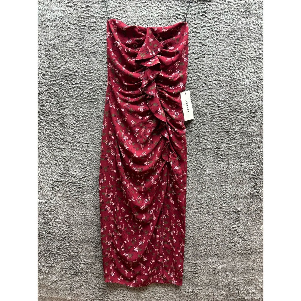 NWT Likely Ali Rumba Red Multi Strapless Ruffle Dress Womens Size 2